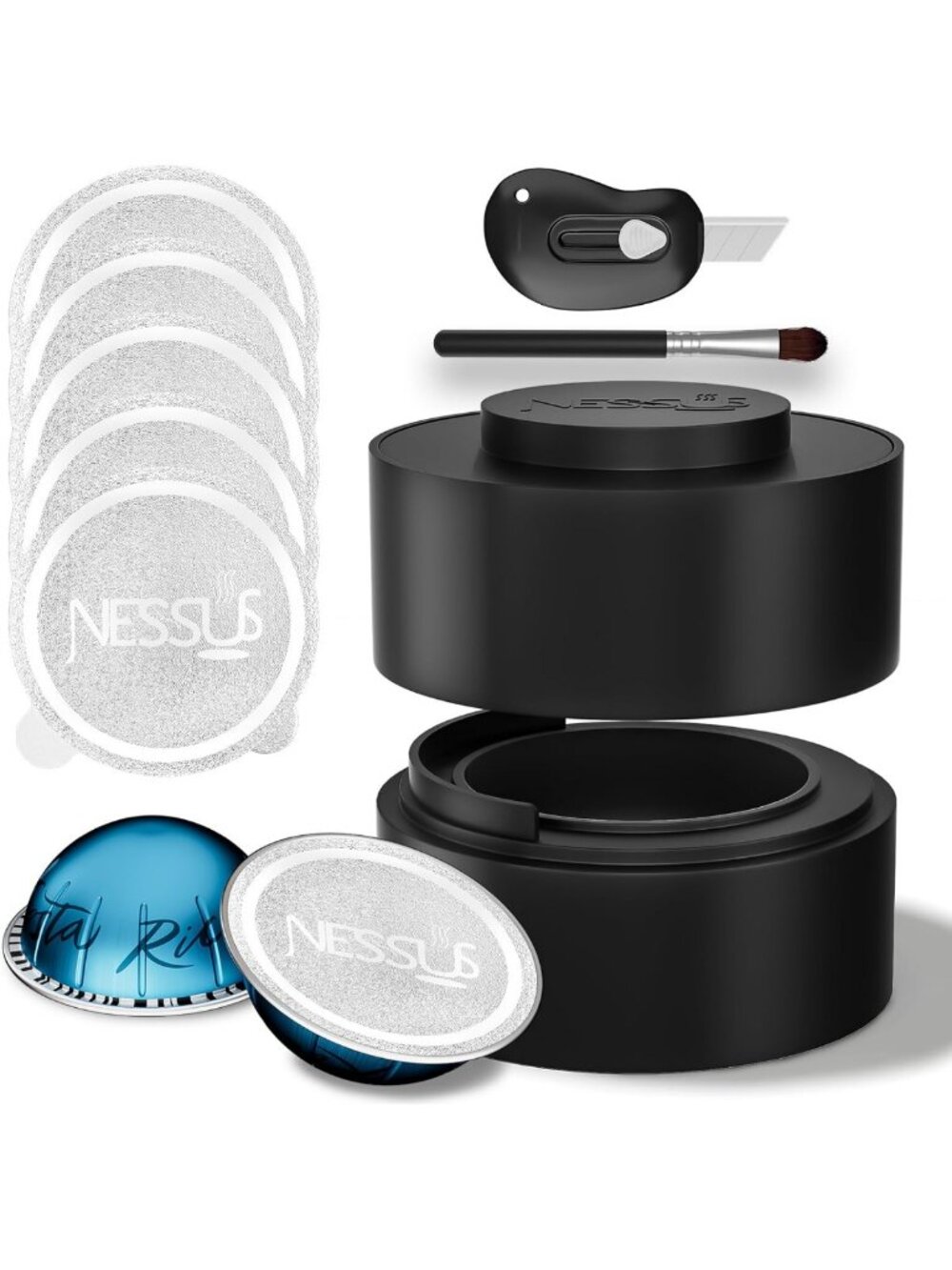 Reusable Nespresso Vertuo Coffee Pods Kit - 100 Foil Seals, Holder & Brush